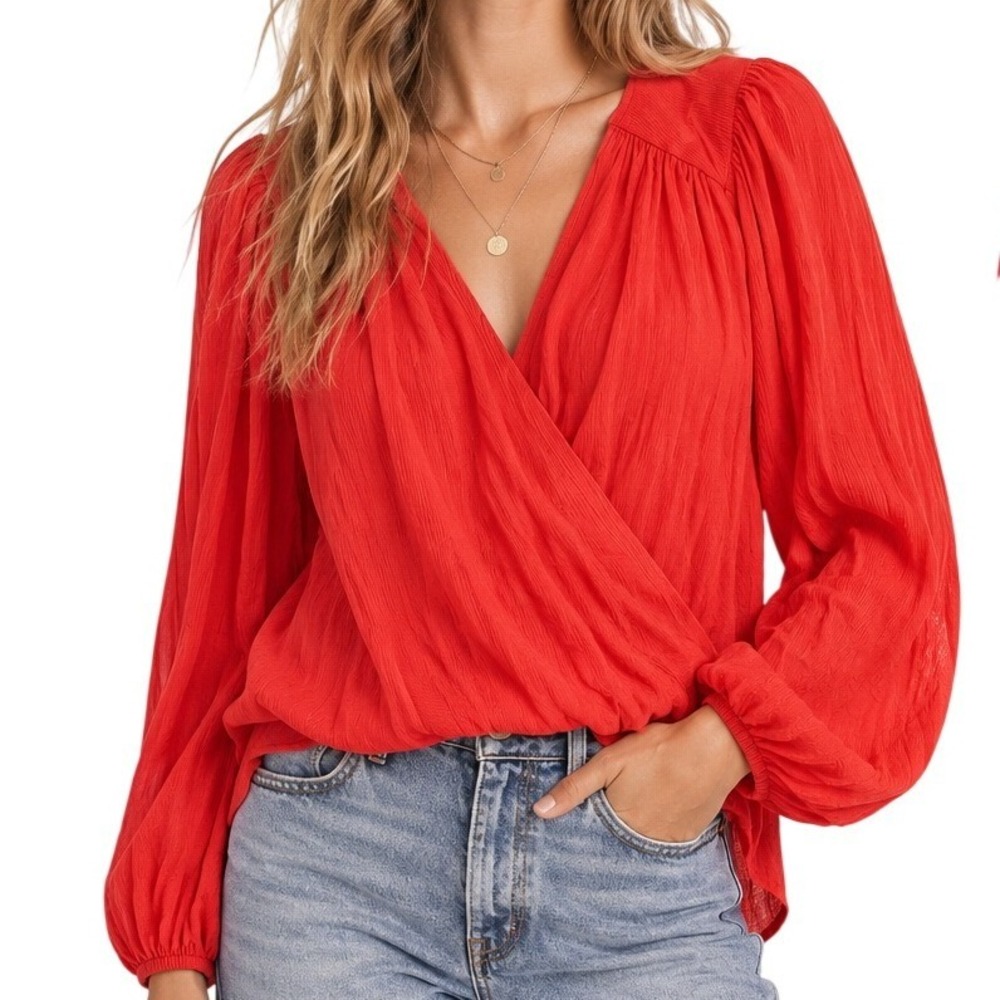 Free People Red Crinkle Long Sleeve Blouse Women's Medium